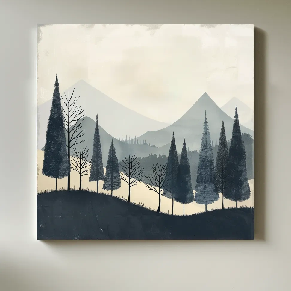 Minimalist Nordic Mountain Forest Landscape - Serene Scandinavian Nature Wall Art