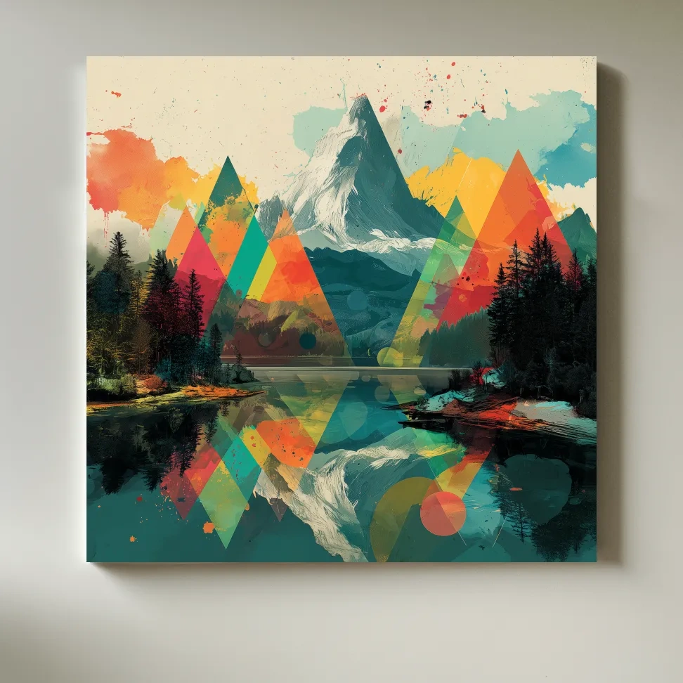 Vibrant Abstract Mountain Lake Collage Art - Colorful Alpine Wall Art
