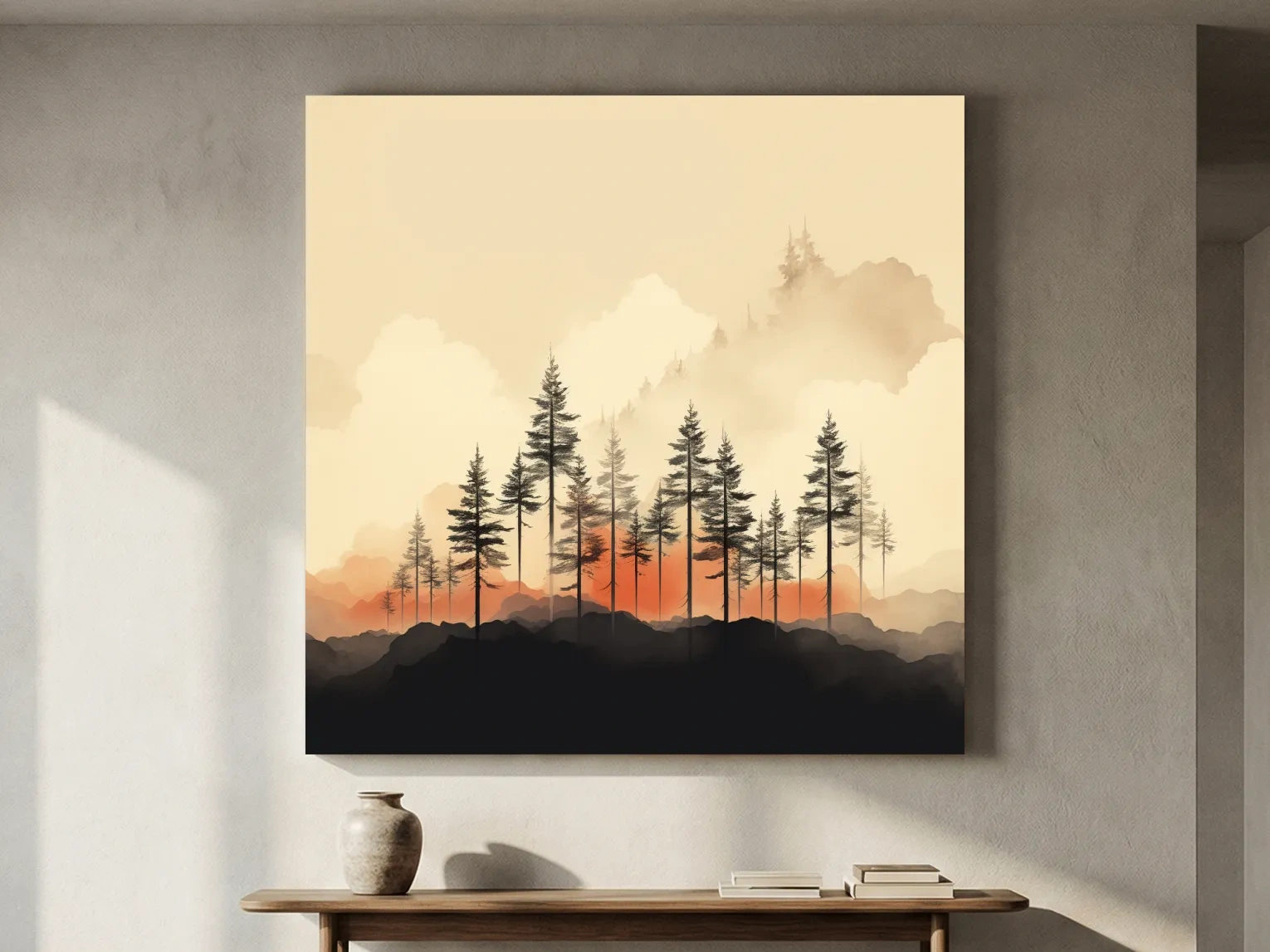 Misty Pine Forest Silhouettes At Sunrise - Minimalist Watercolor Mountain Wall Art