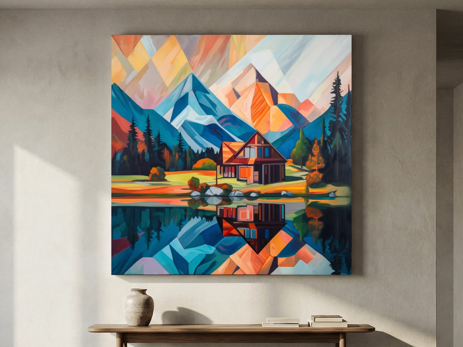 Vibrant Geometric Mountain Cabin Lake Reflection - Abstract Sunrise Wall Art