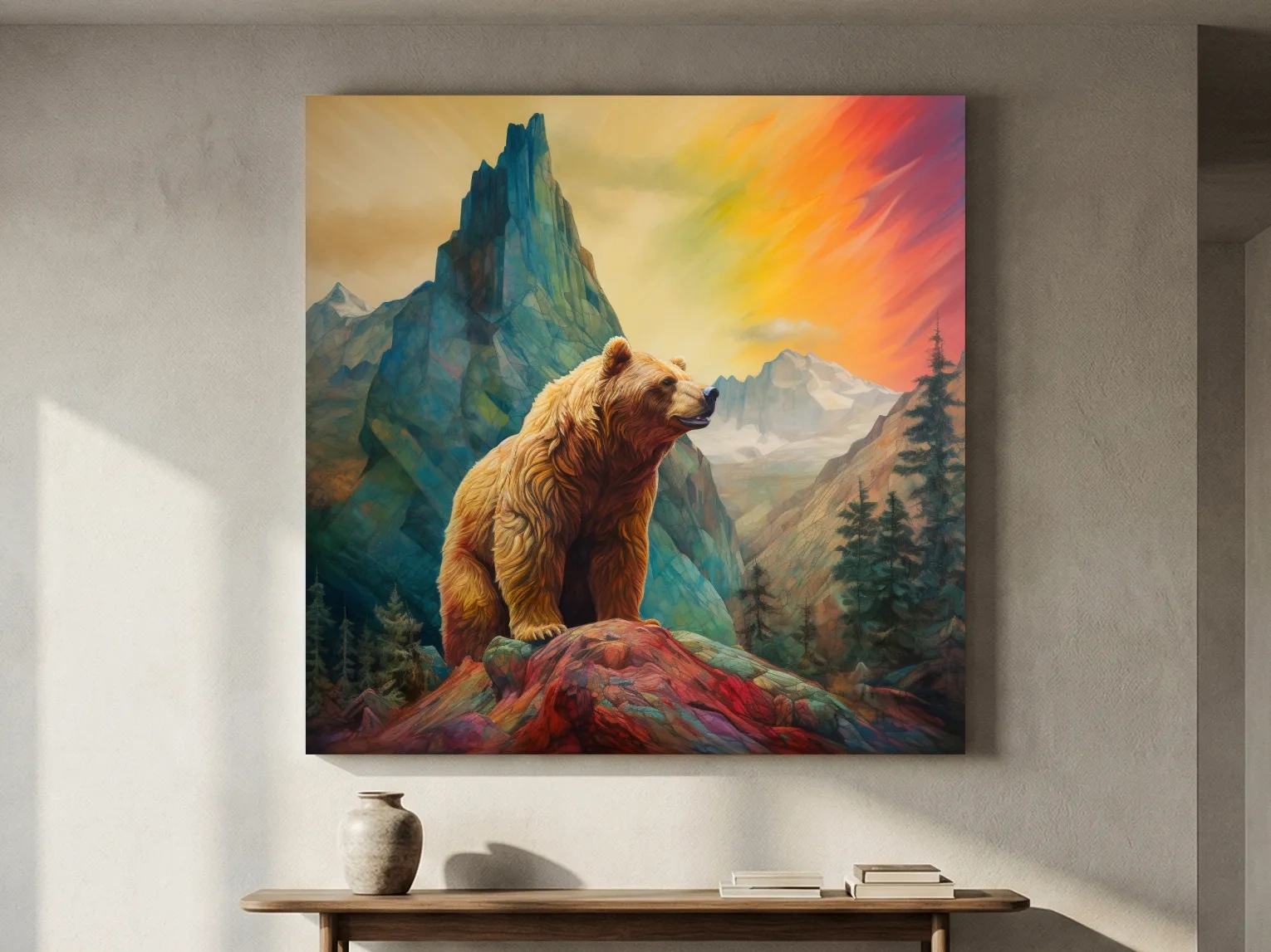 Majestic Grizzly Bear Mountain Landscape - Vibrant Painting Style Wildlife Wall Art