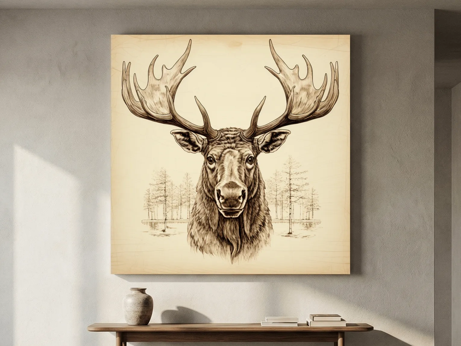 Rustic Sepia Moose Head Sketch - Vintage Woodland Wildlife Wall Art
