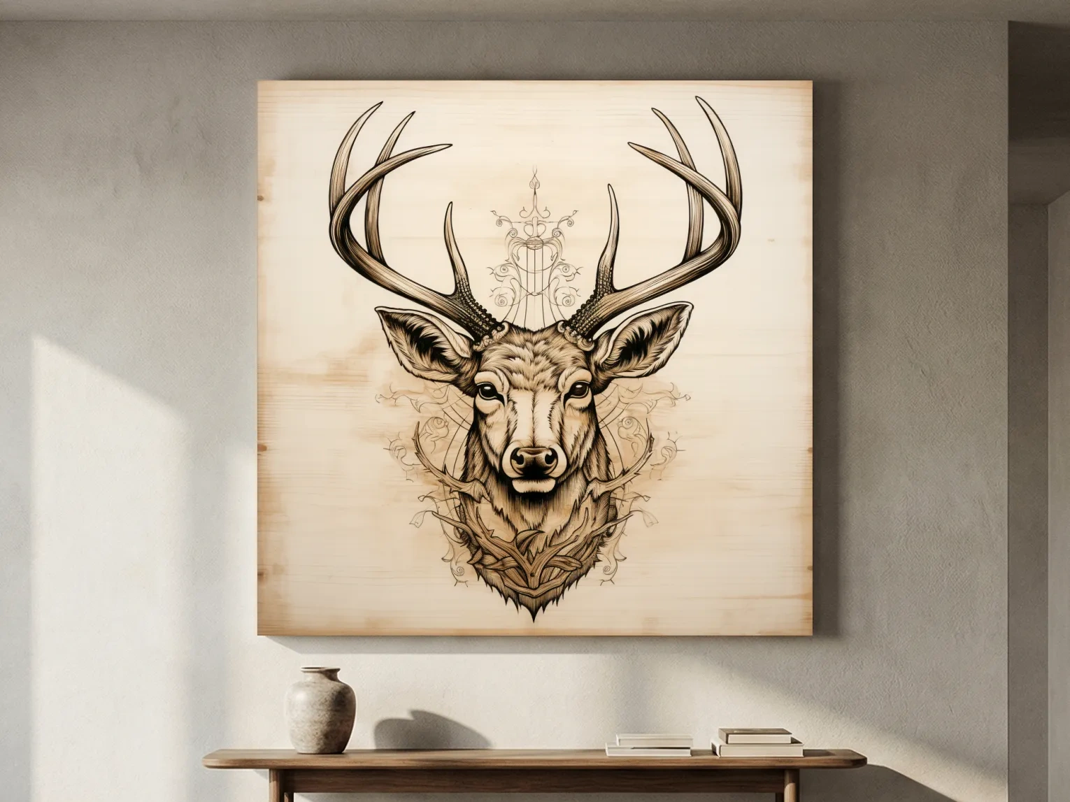 Ornate Deer Head on Wood Sketch Illustration - Rustic Wildlife Wall Art