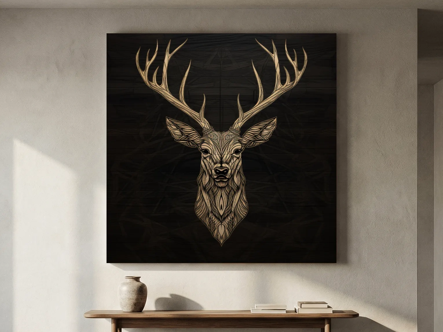 Elegant Geometric Deer Head Line Art - Rustic Woodcut Style Wildlife Artwork