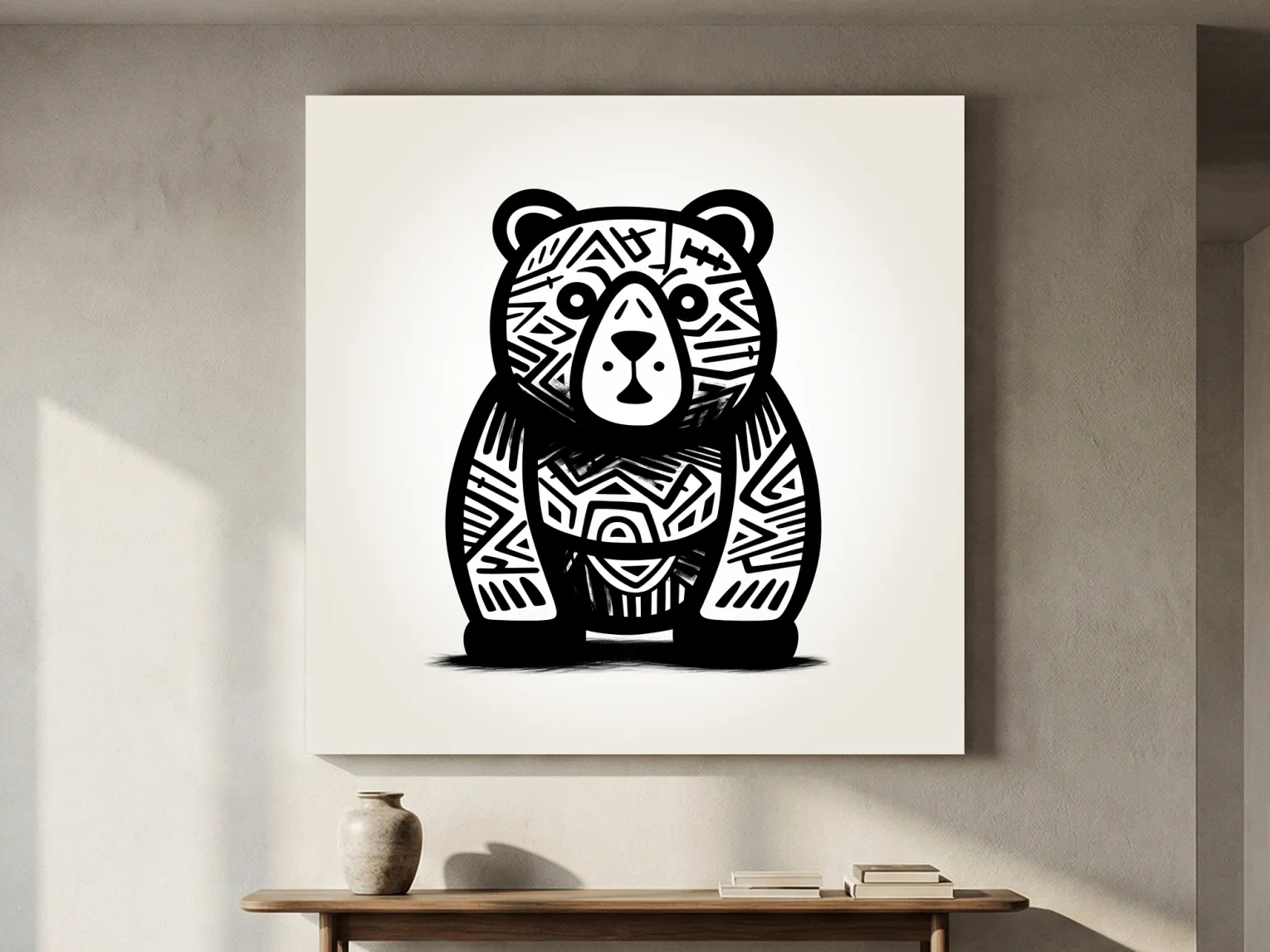 Tribal Pattern Bear Illustration - Quirky Black And White Animal Wall Art