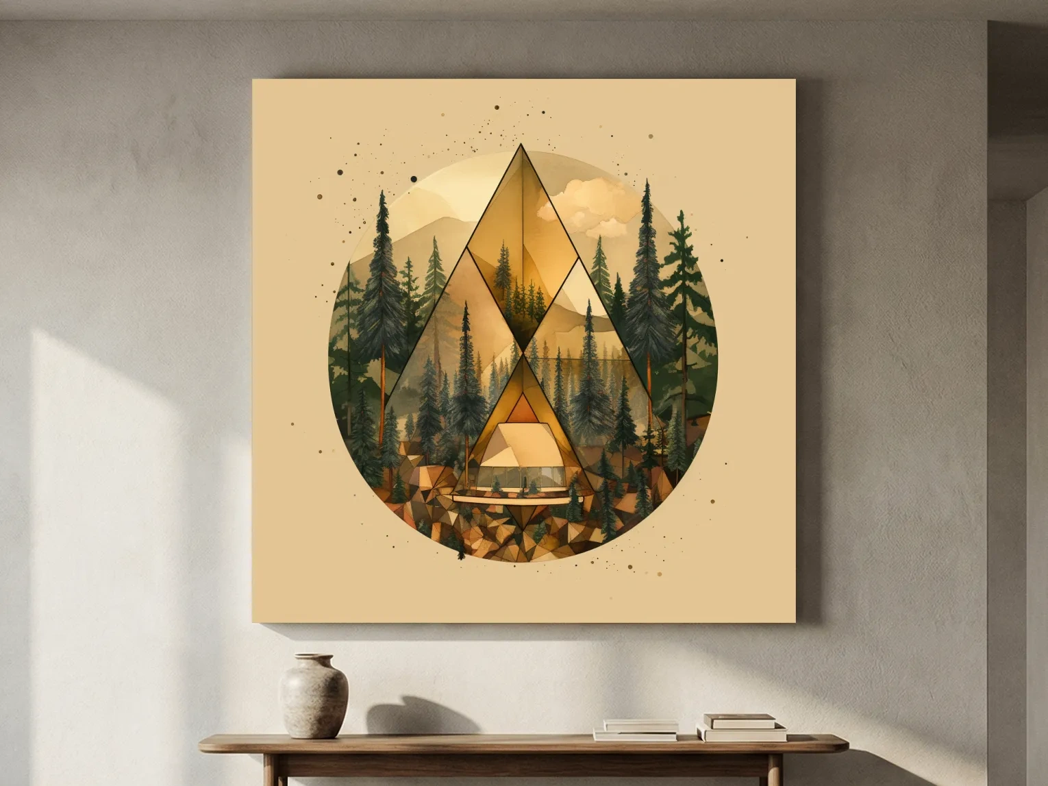 Geometric Mountain Cabin Forest Landscape - Modern Abstract Nature Wall Art