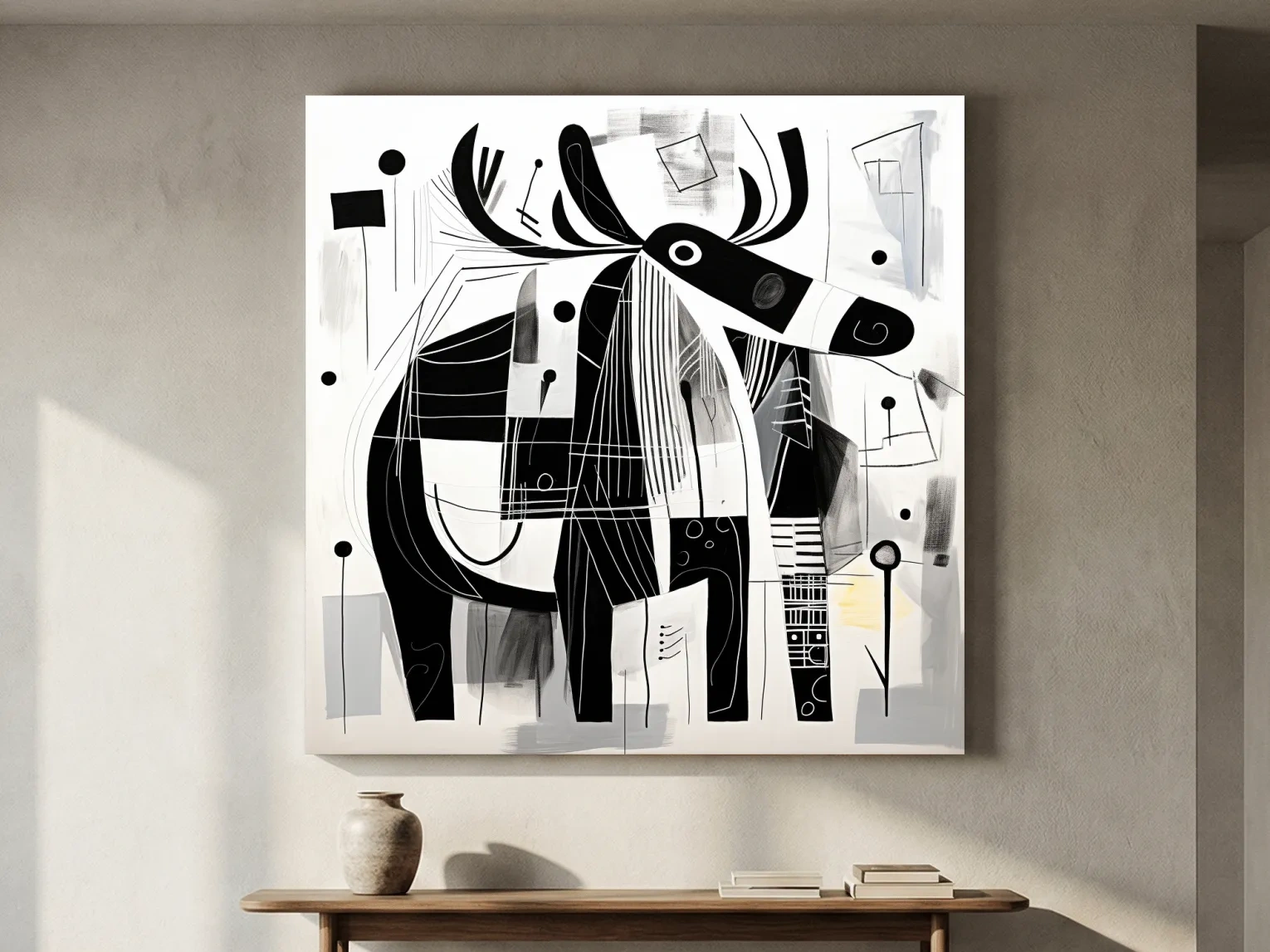 Abstract Monochrome Moose Illustration - Modern Geometric Wildlife Wall Art