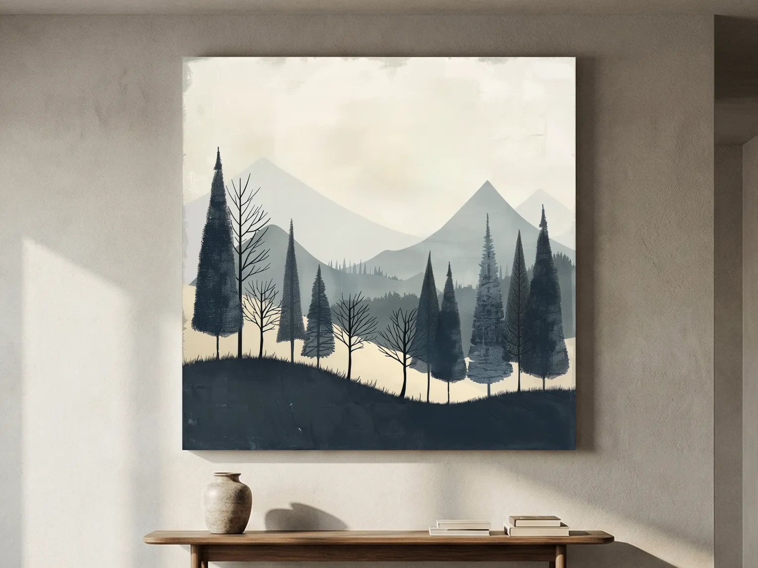 Minimalist Nordic Mountain Forest Landscape - Serene Scandinavian Nature Wall Art