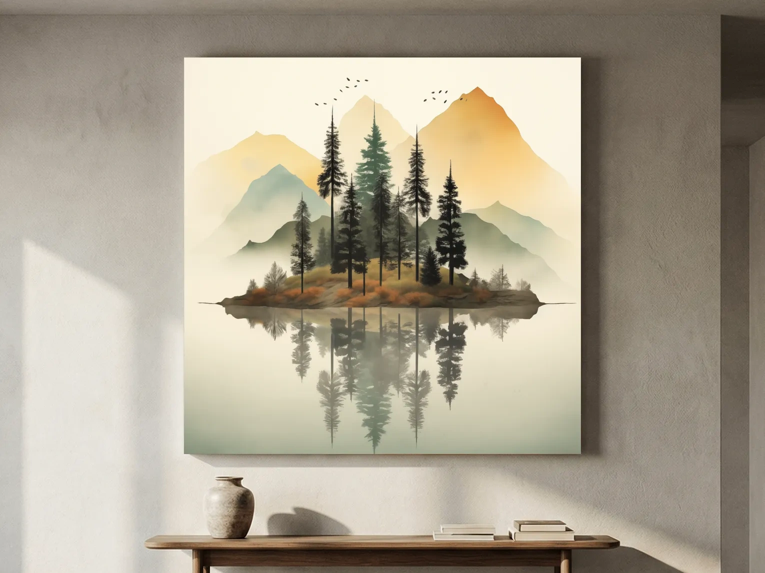 Misty Pine Forest Island Reflection - Minimalist Mountain Lake Wall Art