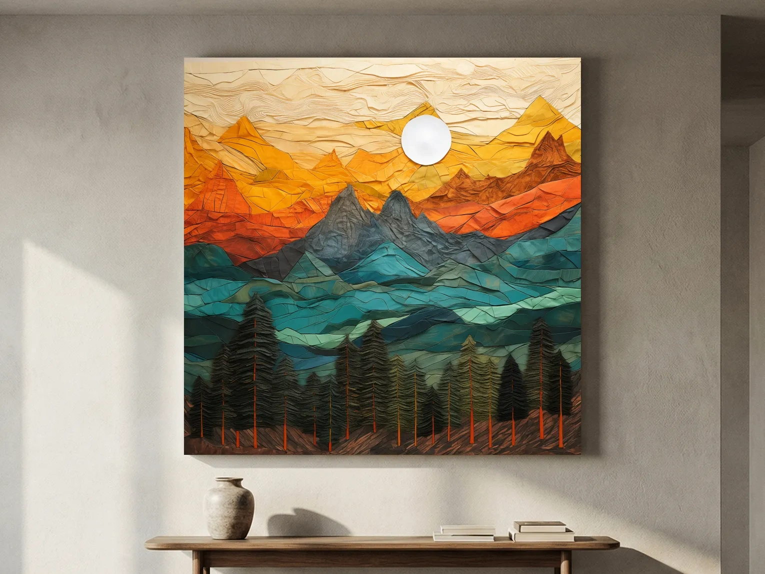Layered Paper Cut Style Mountain Sunset - Colorful Abstract Forest Landscape Wall Art