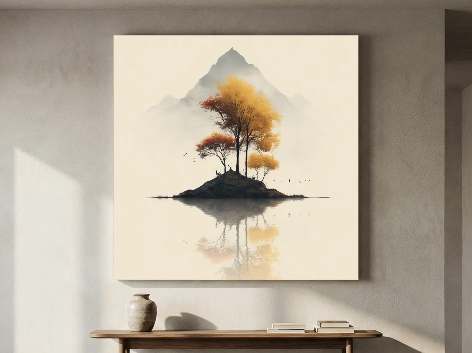 Minimalist Autumn Trees On Misty Lake Island - Serene Mountain Landscape Wall Art