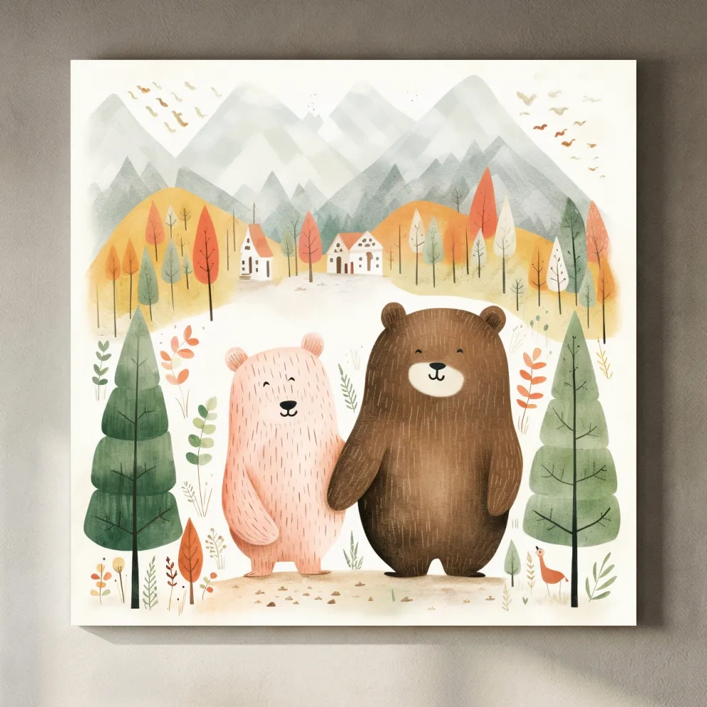 Cute Bear Couple Watercolor Illustration - Whimsical Mountain Forest Nursery Wall Art
