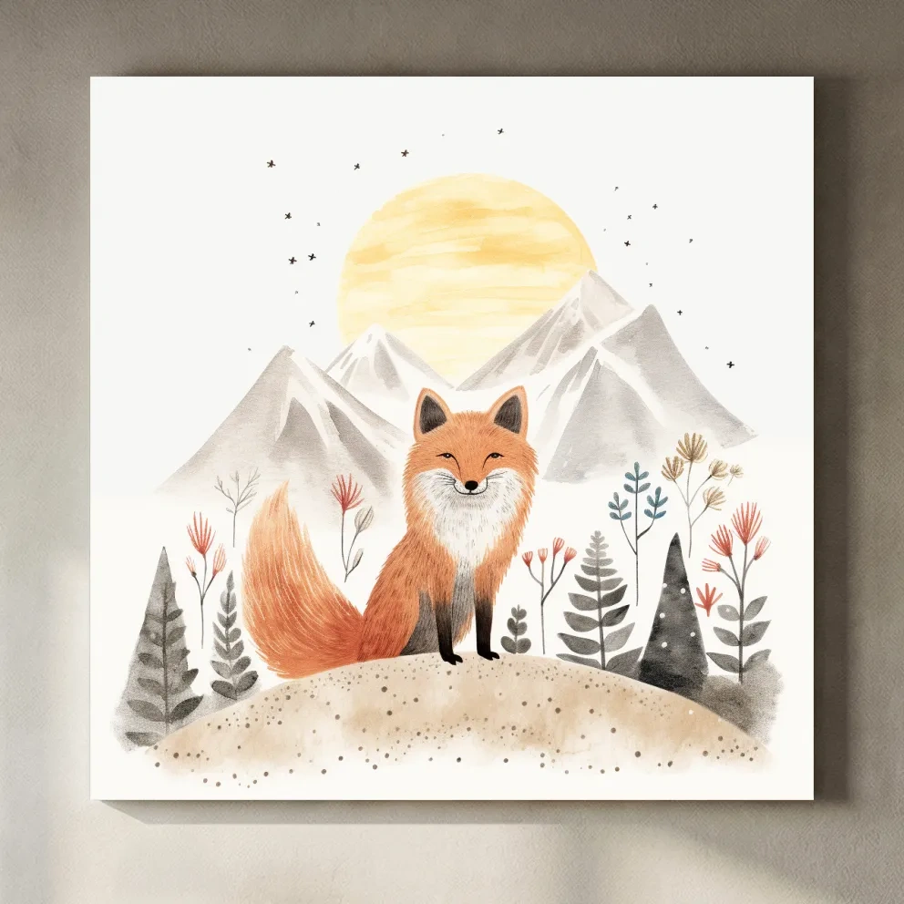 Whimsical Watercolor Fox Mountain Sunrise - Nursery Woodland Animal Wall Art