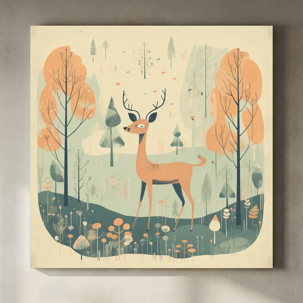Whimsical Deer in Pastel Forest Illustration - Folk Art Woodland Nursery Wall Art
