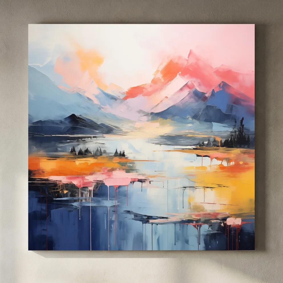 Vibrant Abstract Mountain Lake Sunset Painting - Colorful Modern Landscape Wall Art