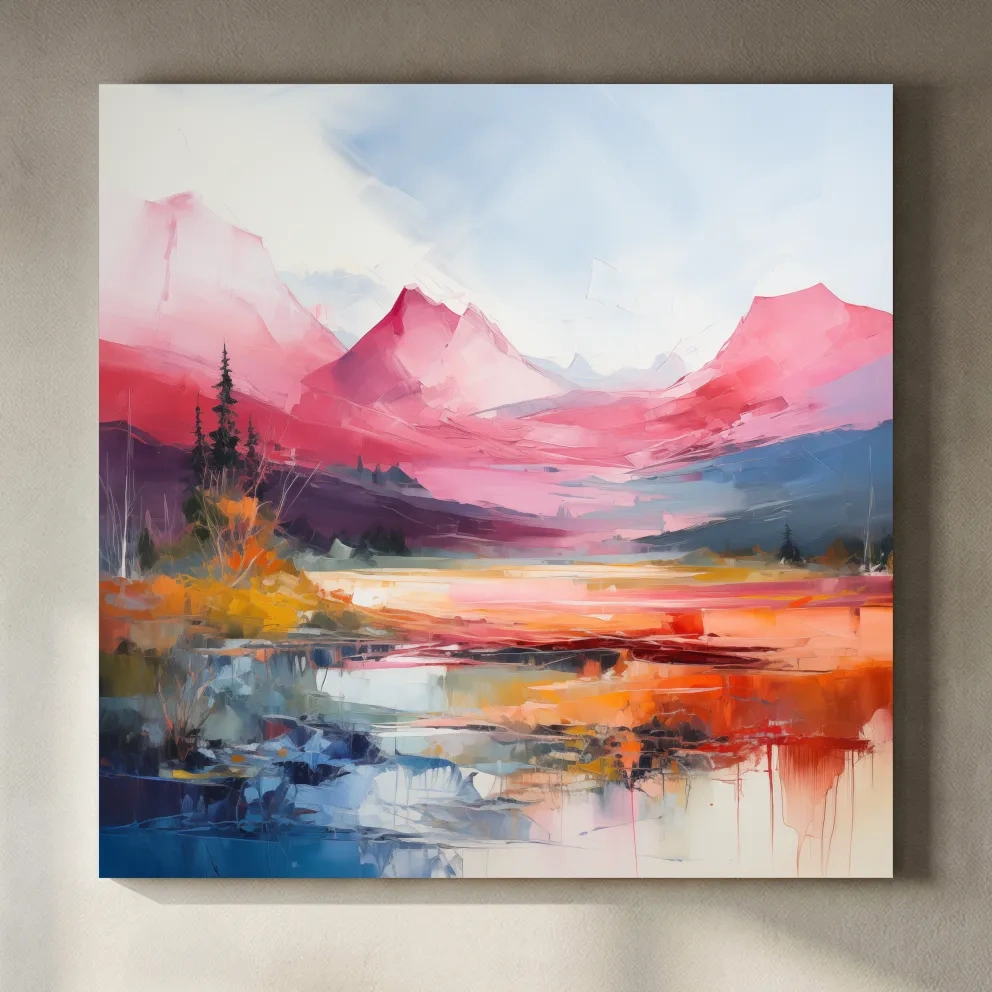 Vibrant Abstract Impressionist Alpine Lake Sunset Painting - Colorful Mountain Wall Art