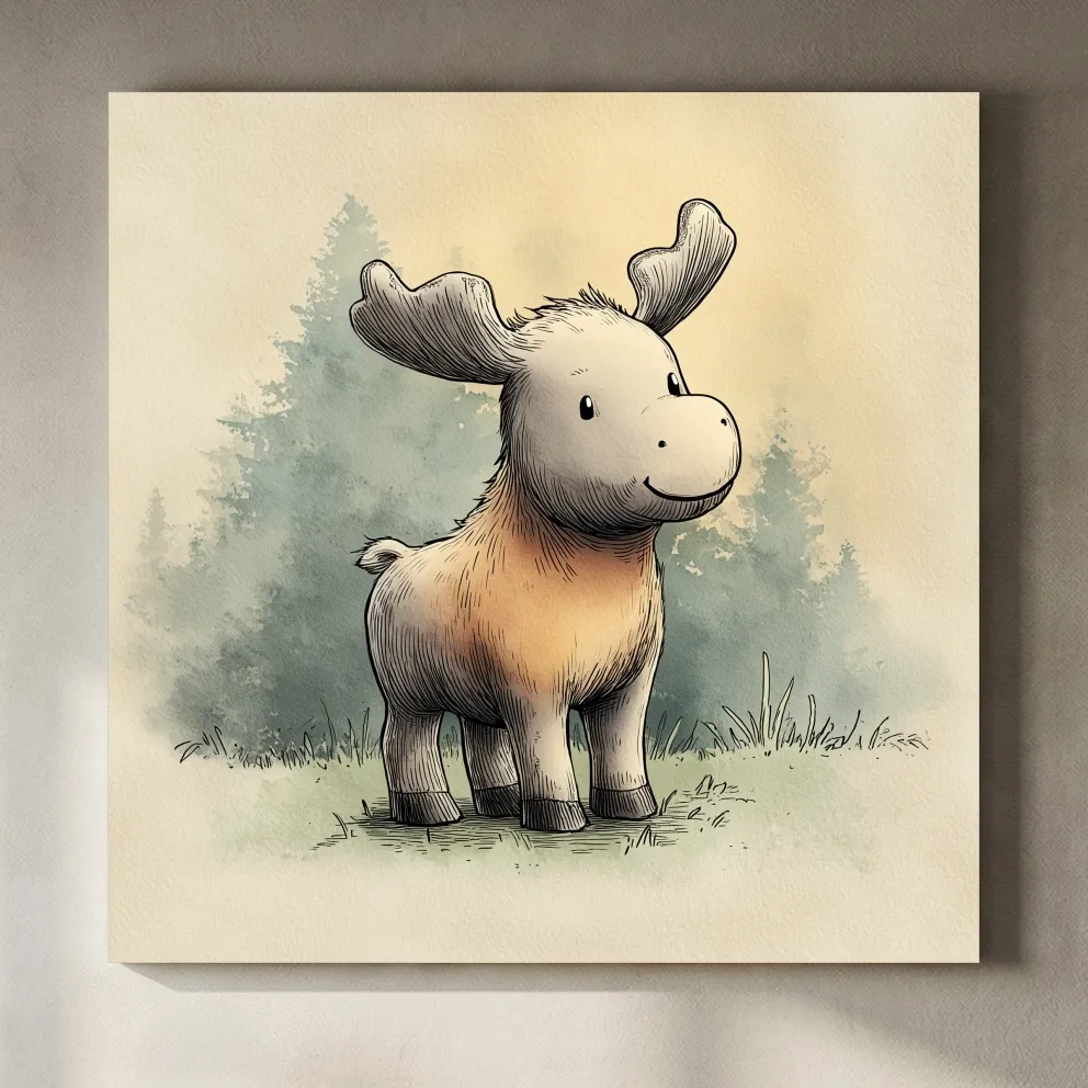Cute Baby Moose Watercolor Illustration - Woodland Nursery Animal Wall Art
