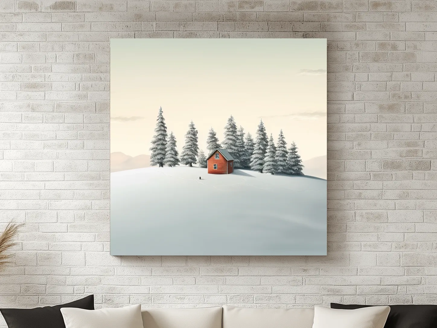 Minimalist Snowy Cabin In Pine Forest - Serene Winter Landscape Wall Art