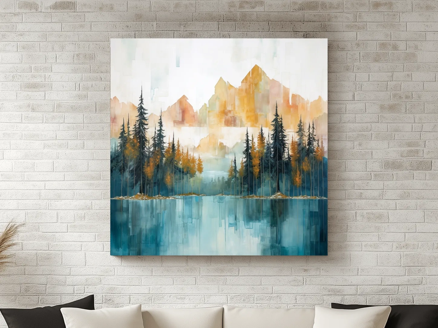 Abstract Watercolor Alpine Lake Reflection - Misty Mountain Forest Wall Art