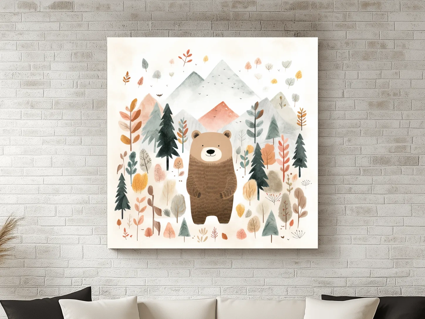 Cute Watercolor Bear Bear In Forest - Whimsical Mountain Nursery Wall Art