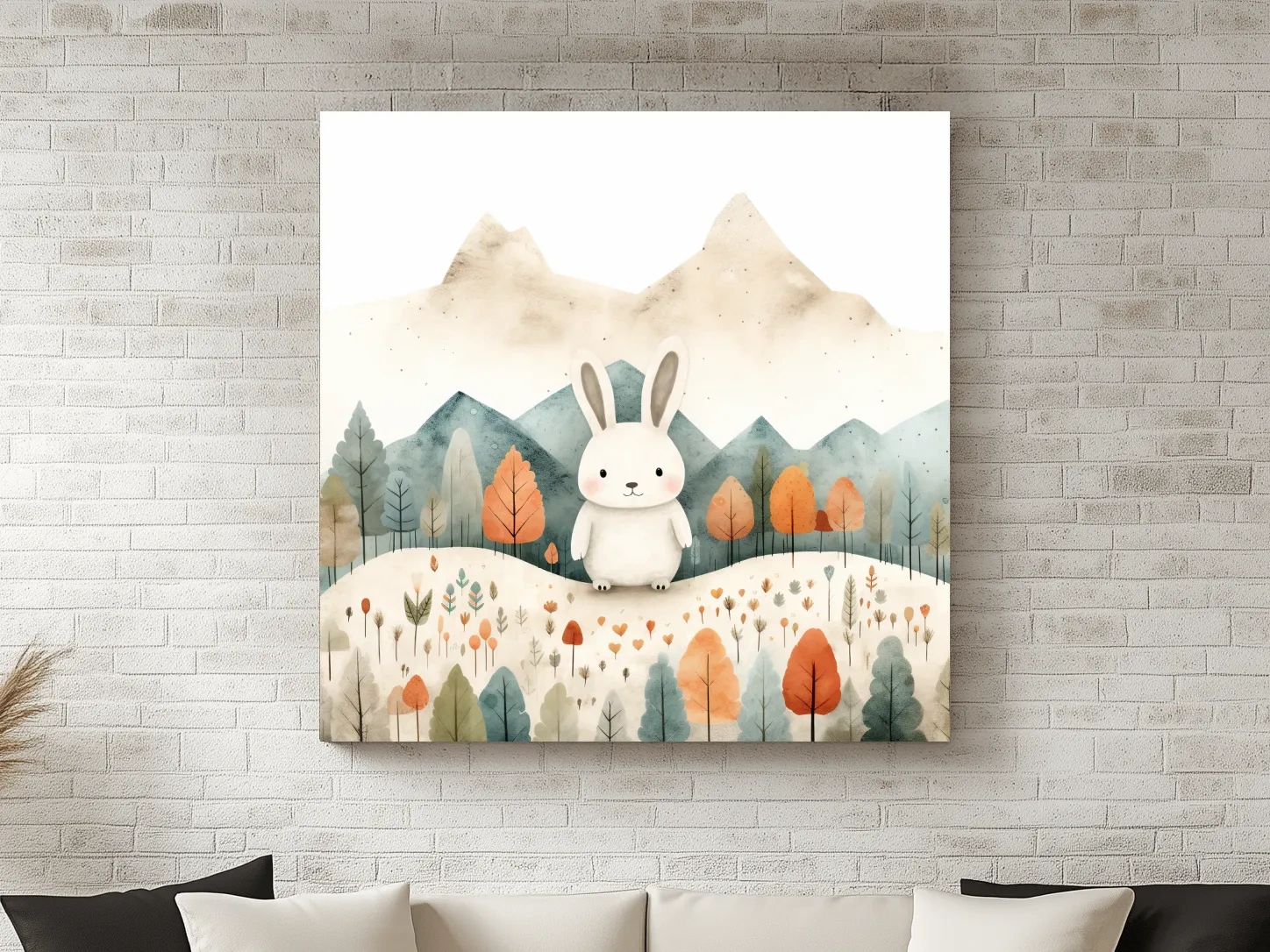 Cute Watercolor Bunny In Mountain Forest - Whimsical Nursery Woodland Wall Art