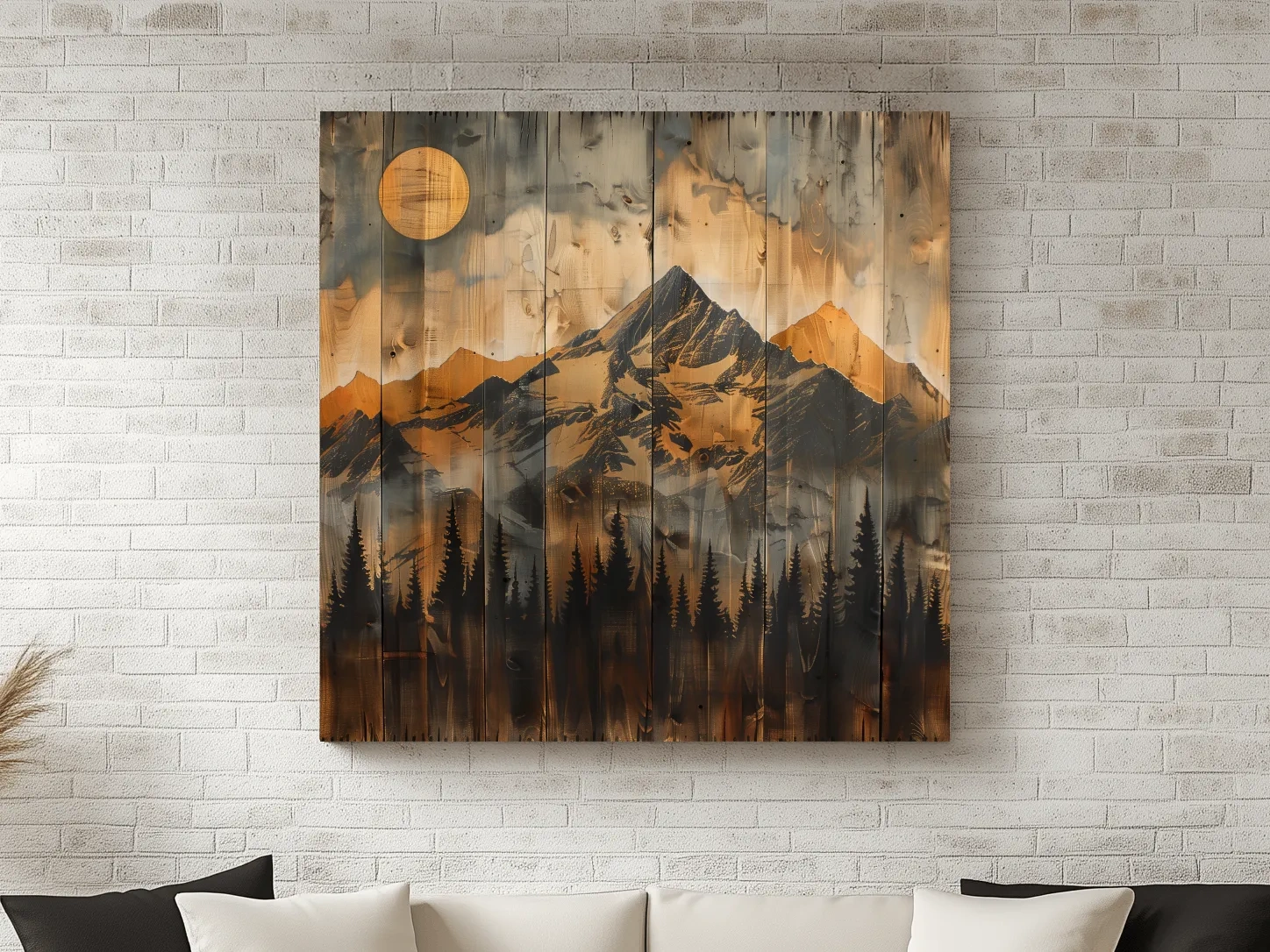 Rustic Woodgrain Mountain Sunset Artwork - Vintage Pine Forest Wall Art