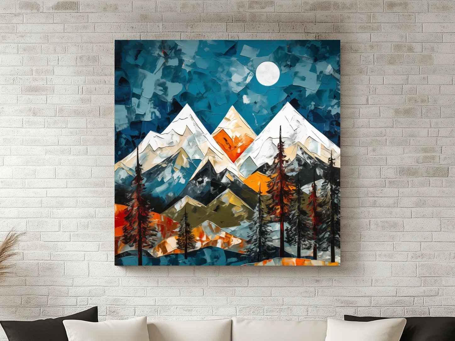 Abstract Impasto Style Mountain Nightscape - Moonlit Alpine Landscape Wall Art