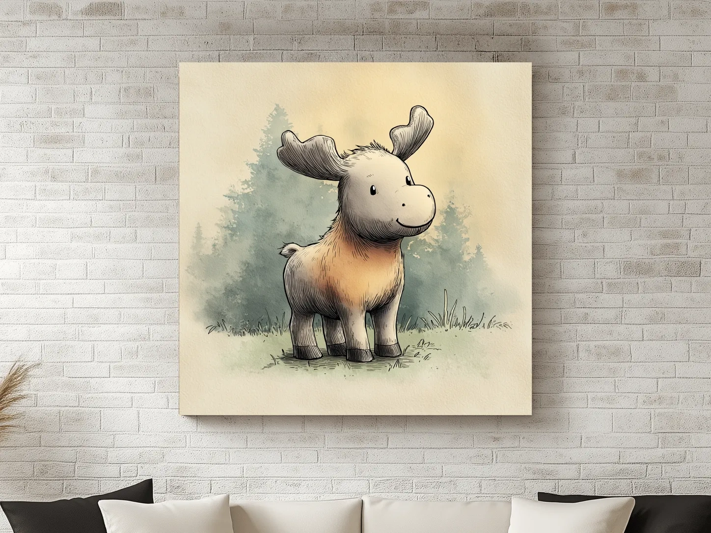 Cute Baby Moose Watercolor Illustration - Woodland Nursery Animal Wall Art