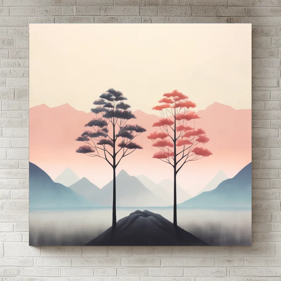 Minimalist Twin Pine Trees Landscape - Serene Pastel Mountain Lake Wall Art