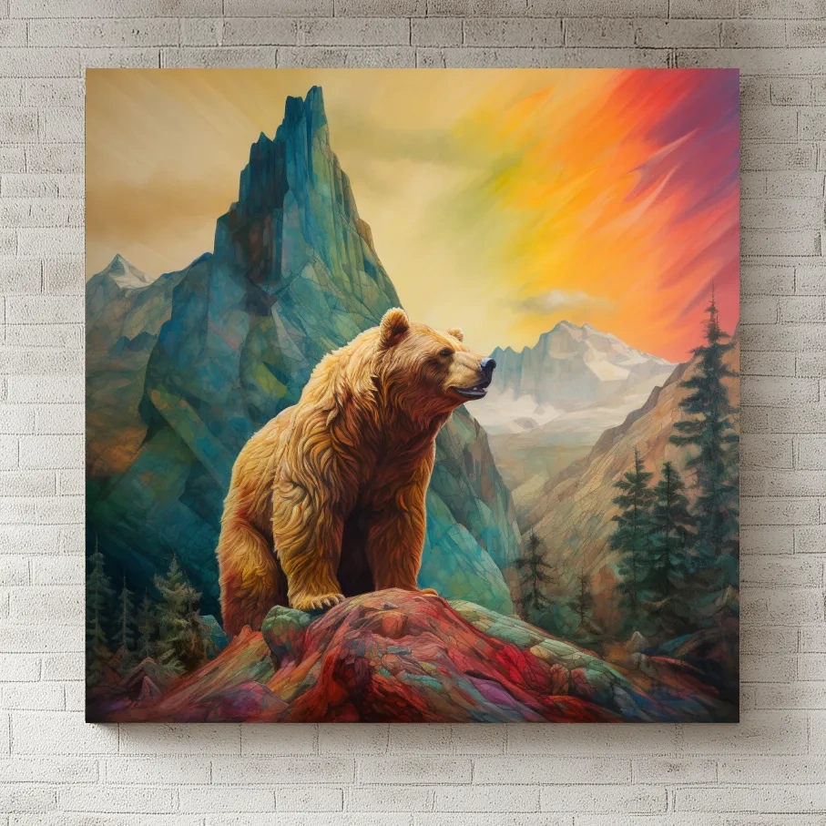 Majestic Grizzly Bear Mountain Landscape - Vibrant Painting Style Wildlife Wall Art