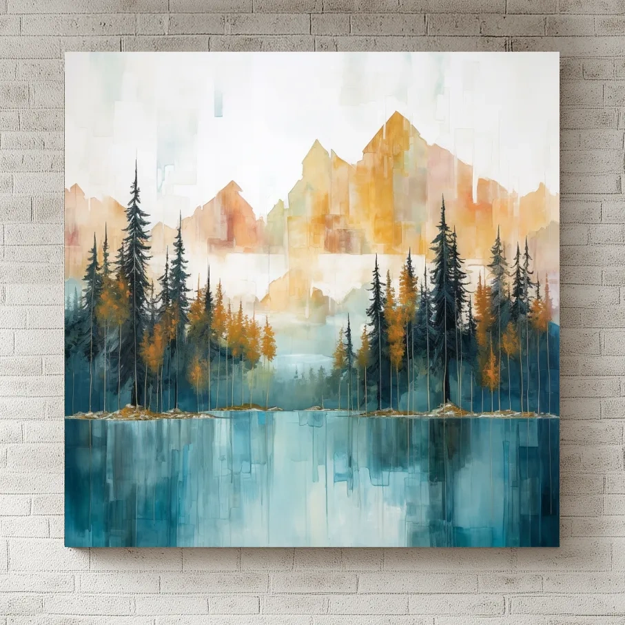 Abstract Watercolor Alpine Lake Reflection - Misty Mountain Forest Wall Art