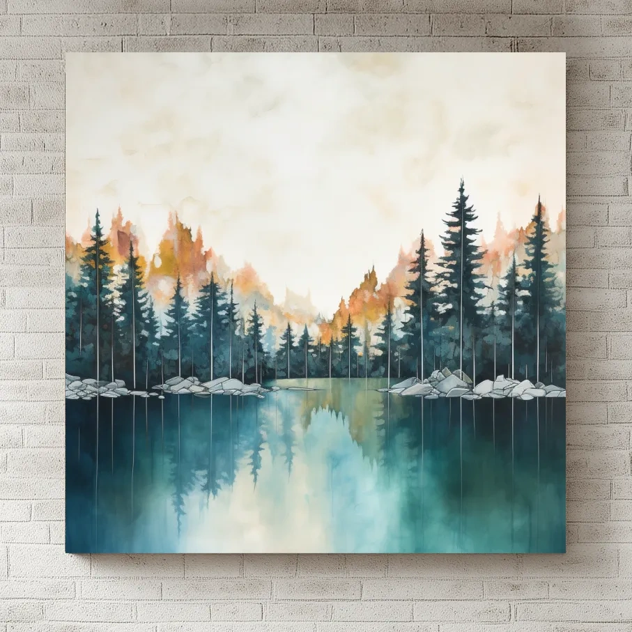 Misty Forest Lake Watercolor Painting - Serene Landscape Wall Art