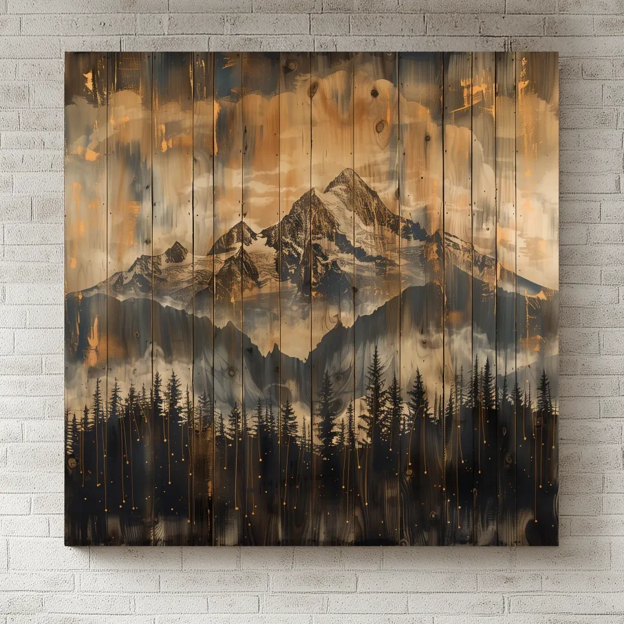 Rustic Mountain Range Over Pine Forest - Vintage Wood Panel Style Landscape Artwork