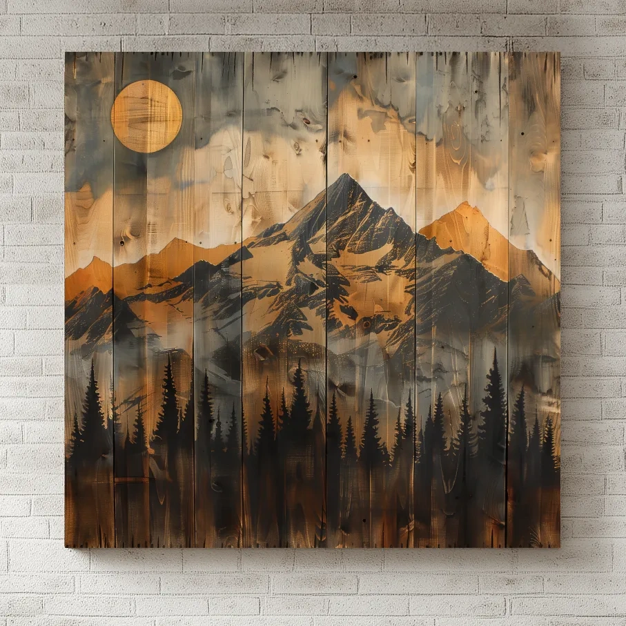 Rustic Woodgrain Mountain Sunset Artwork - Vintage Pine Forest Wall Art