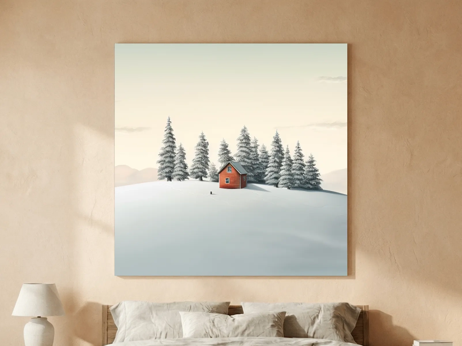 Minimalist Snowy Cabin In Pine Forest - Serene Winter Landscape Wall Art