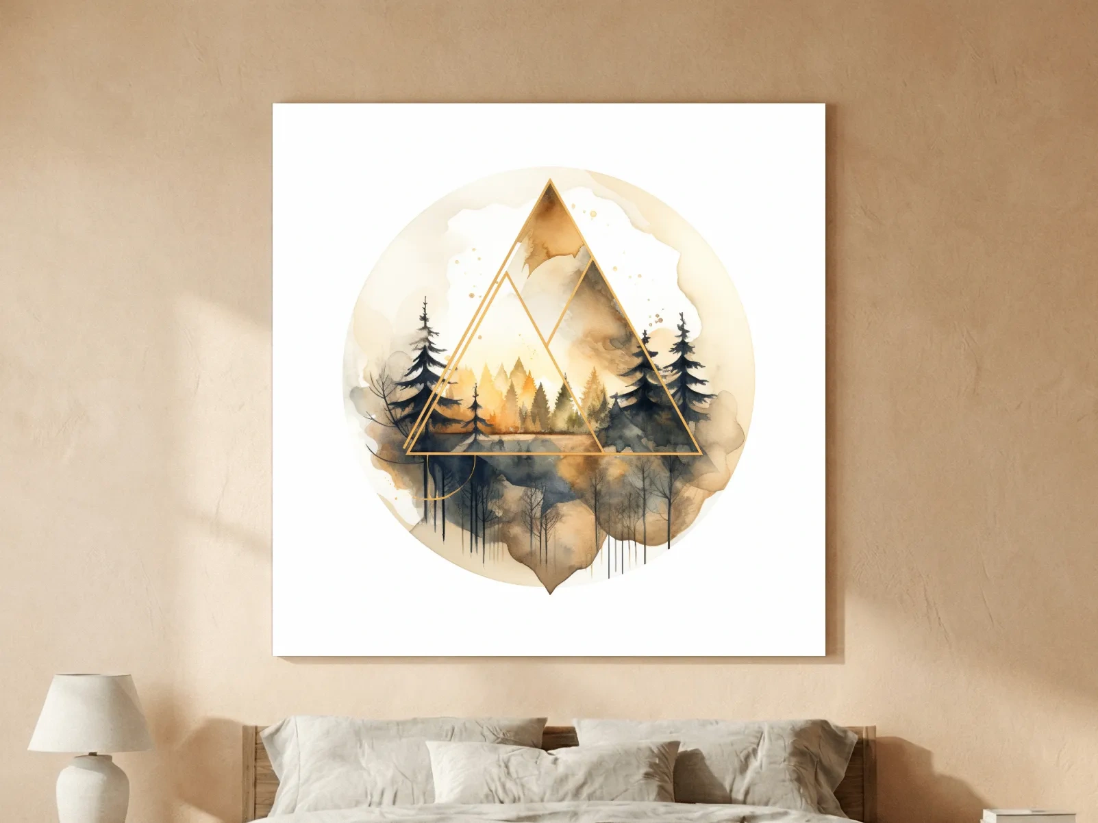 Geometric Watercolor Mountain Forest Landscape - Modern Rustic Nature Wall Art