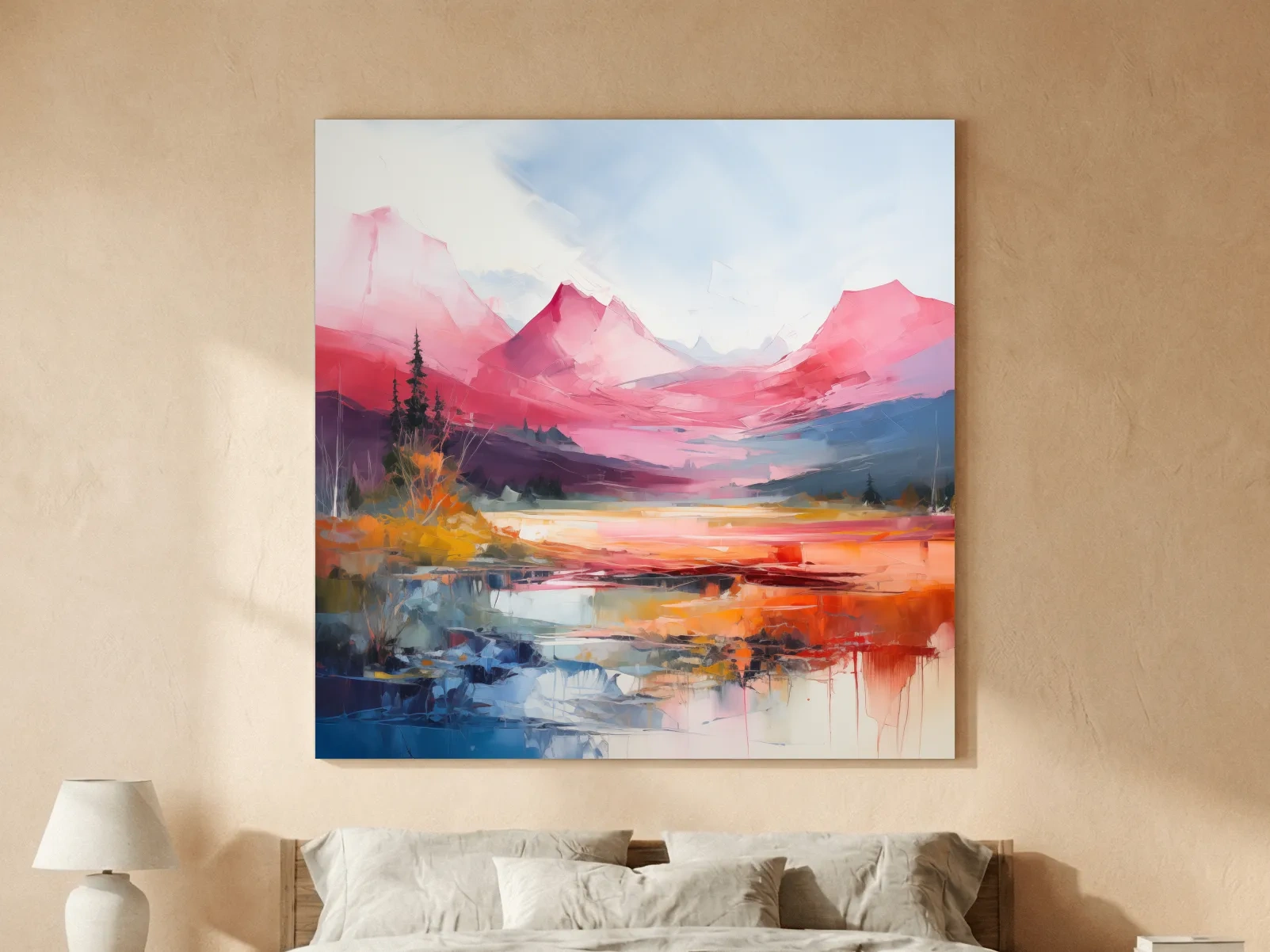 Vibrant Abstract Impressionist Alpine Lake Sunset Painting - Colorful Mountain Wall Art