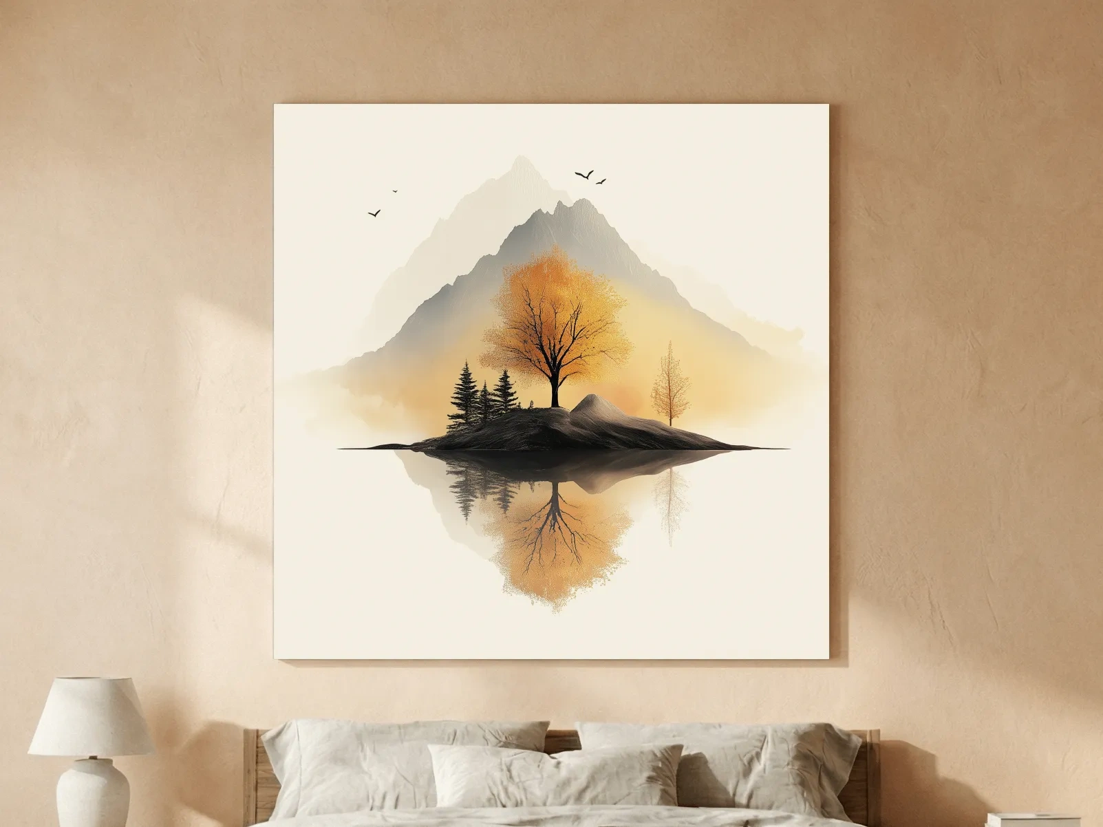 Minimalist Misty Mountain Lake Illustration - Serene Autumn Tree Landscape Wall Art