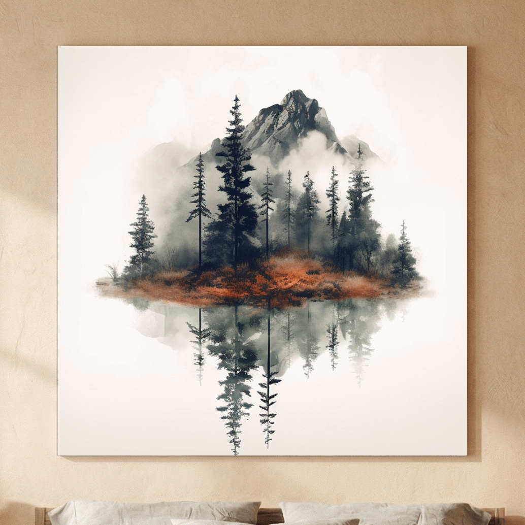 Minimalist Mountain Lake Reflection Watercolor - Moody Pine Forest Landscape Wall Art