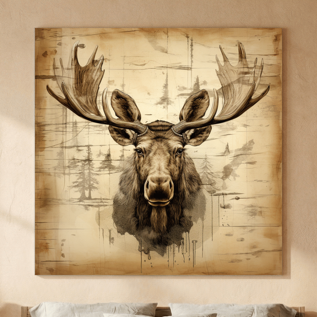 Rustic Sepia Moose Portrait Sketch - Vintage Lodge Wildlife Wall Art