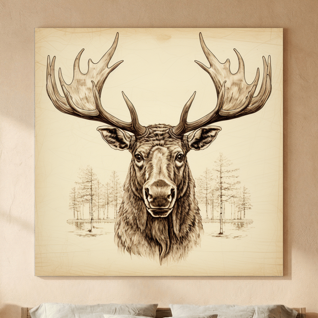 Rustic Sepia Moose Head Sketch - Vintage Woodland Wildlife Wall Art