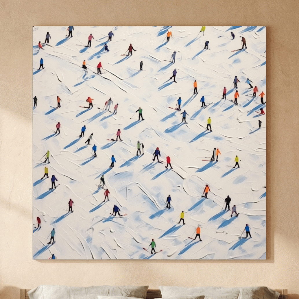 Tiny Skiers On Snowy Slopes - Modern Winter Sports Painting Wall Art