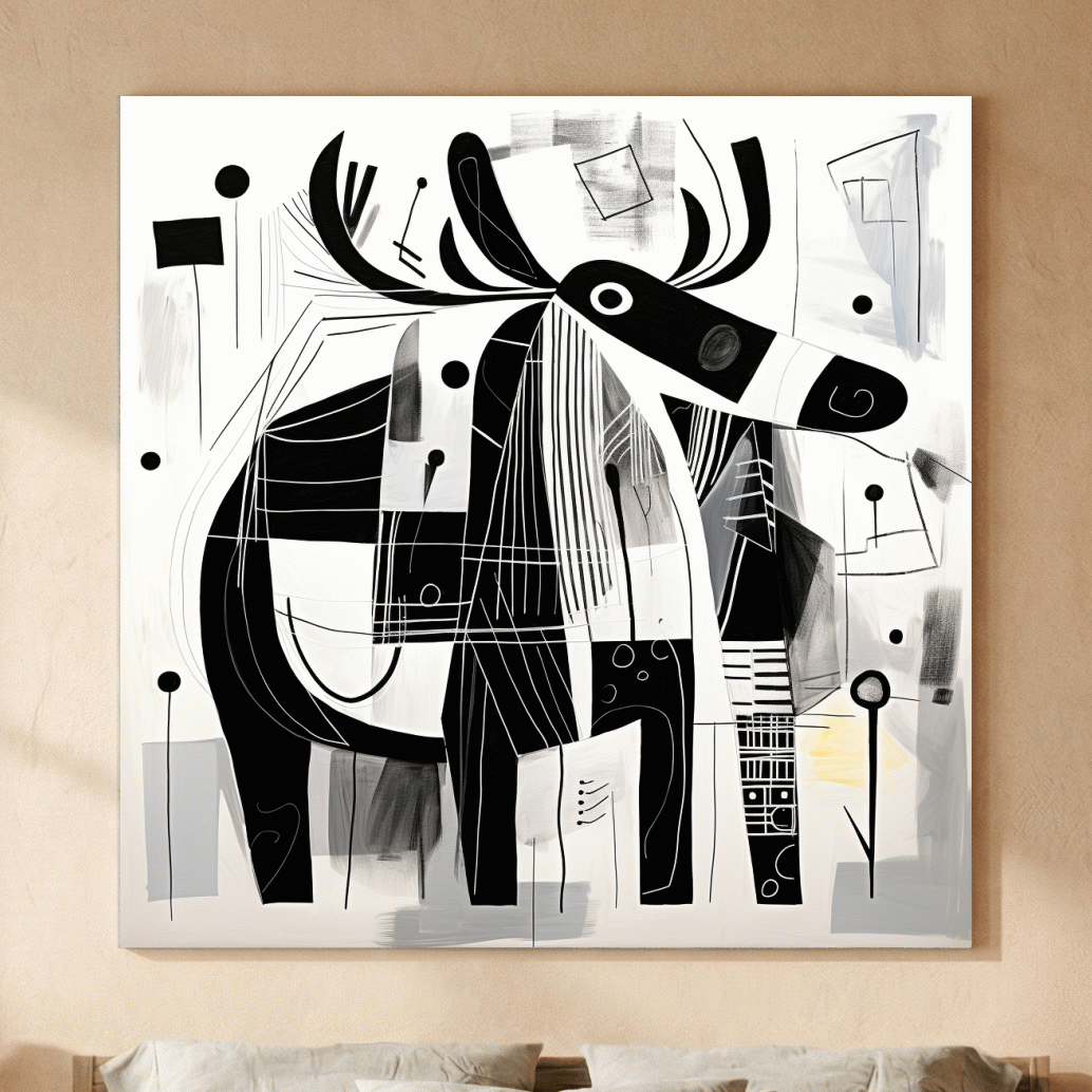 Abstract Monochrome Moose Illustration - Modern Geometric Wildlife Wall Art