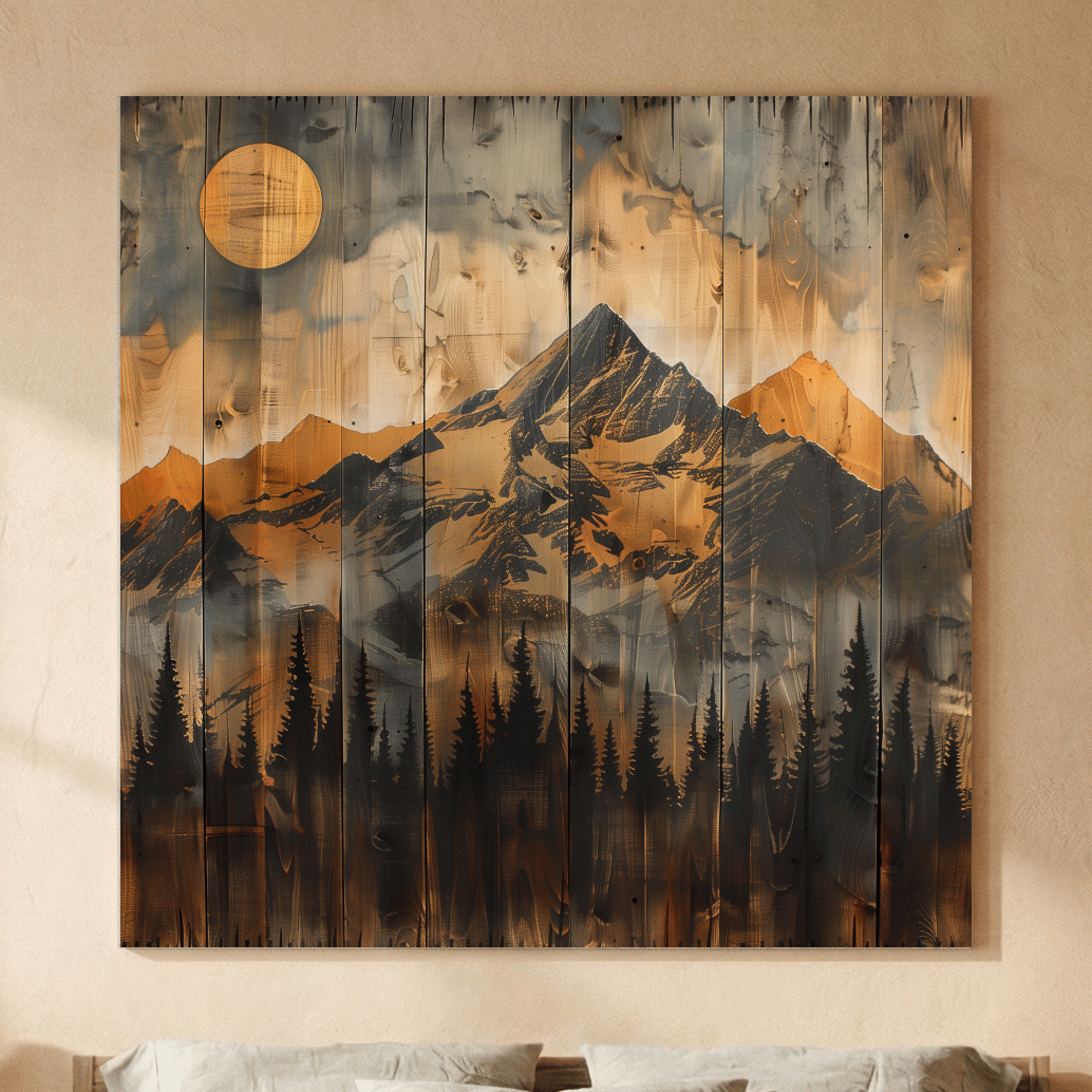 Rustic Woodgrain Mountain Sunset Artwork - Vintage Pine Forest Wall Art