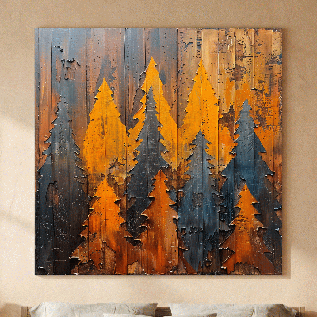 Autumn Pine Forest Silhouettes - Rustic Painted Wood Wall Art