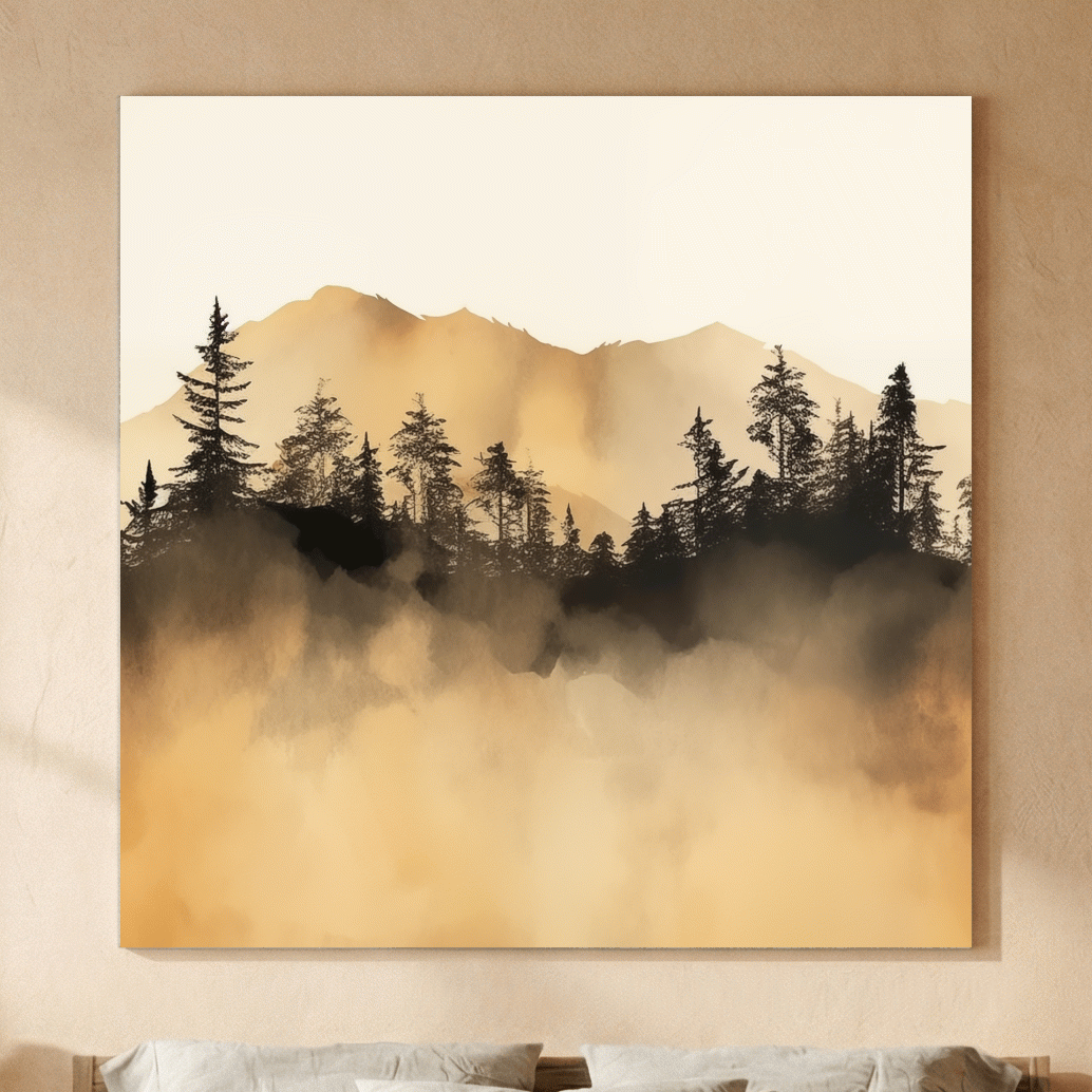 Misty Golden Mountain Pine Forest - Sepia Watercolor Landscape Wall Art
