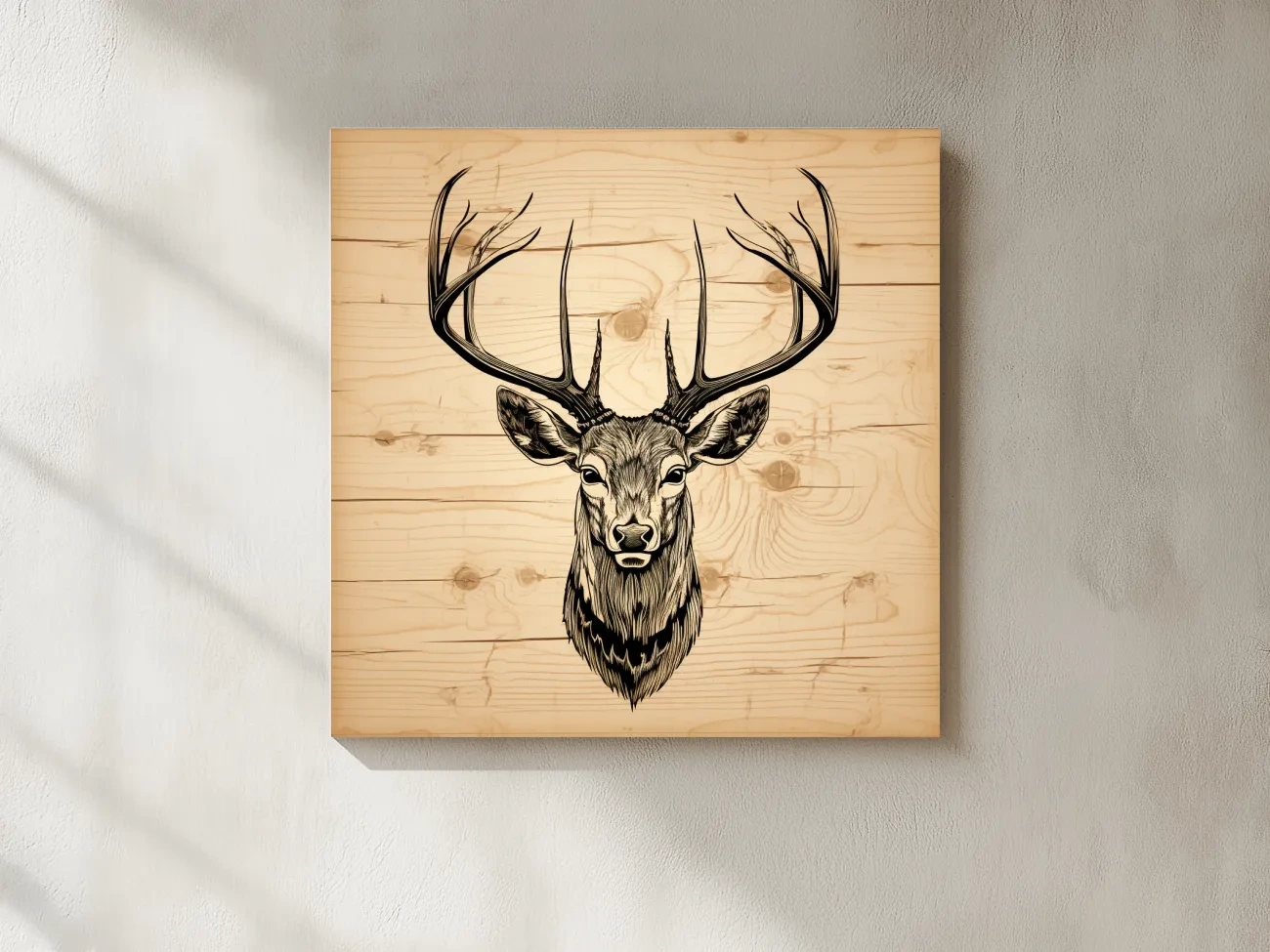 Rustic Engraved Wood Deer Head Illustration - Lodge Wildlife Wall Art