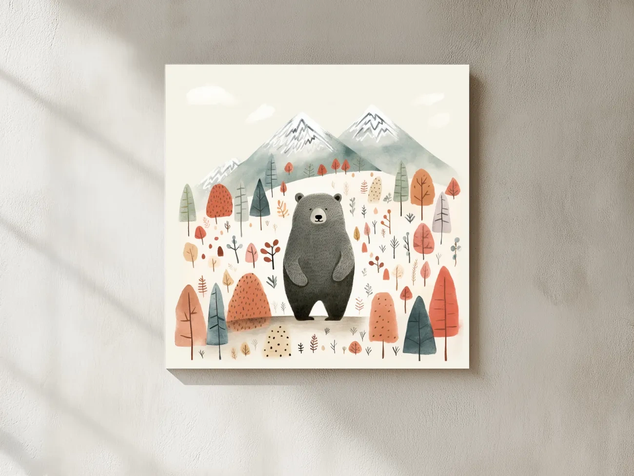 Cute Bear In Autumn Mountains - Scandinavian Nursery Woodland Animal Wall Art