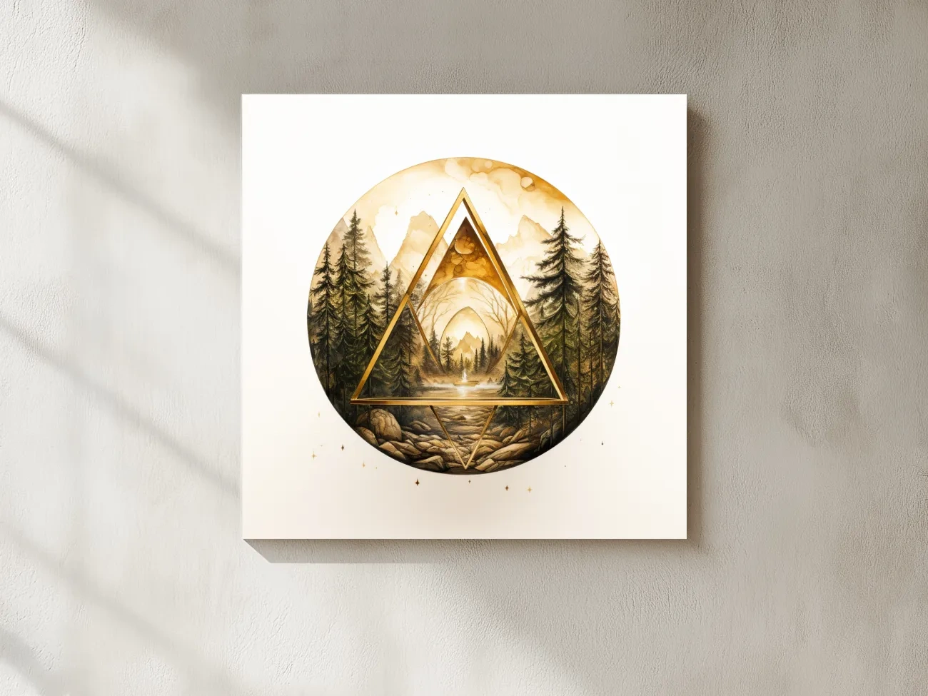 Rustic Mountain Forest Watercolor - Gold Sepia Landscape Wall Art