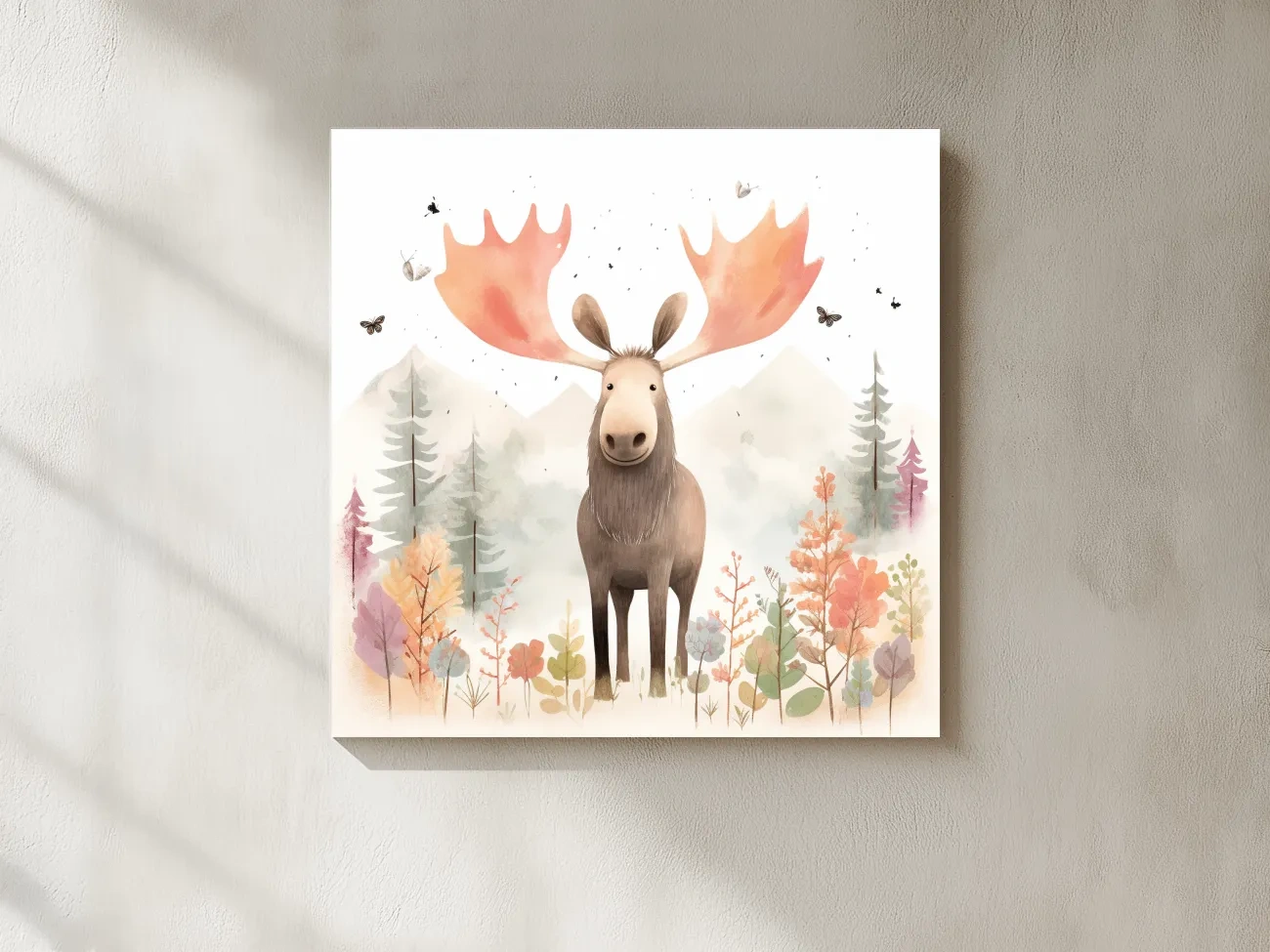 Whimsical Watercolor Moose In Pastel Forest - Storybook Nursery Animal Wall Art